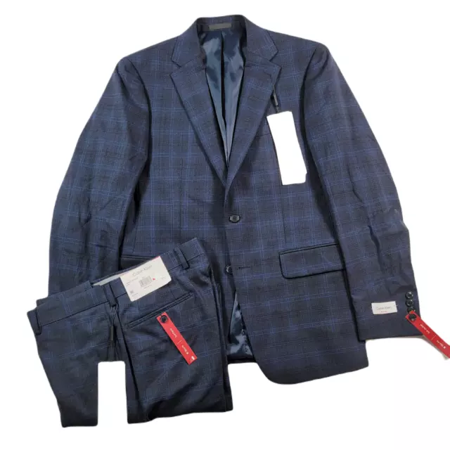 Calvin Klein Slim-Fit Suit Mens 40R 2 Piece Pants 34 x 30 Navy Blue Plaid $600