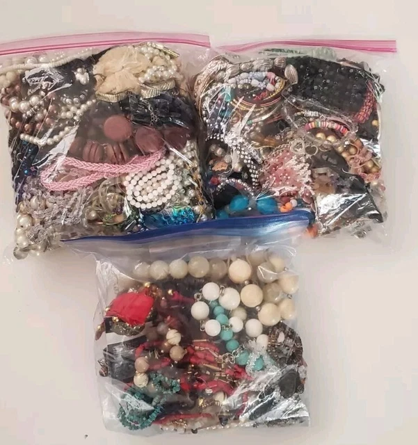 Vintage Craft Junk Jewelry Lot – 3 Lbs Mixed Beads, Chains, Brooches, Rhinestones