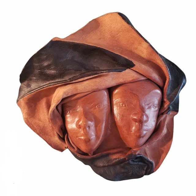 Women Twin Sisters Double Face 3D Mold Handmade Leather Wall Folk Art Sculpture