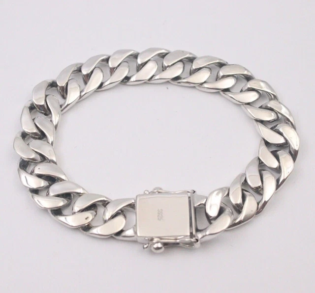 Pure 925 Sterling Silver Chain Men 12mm Miami Cuban Curb Link Bracelet 7.9inch