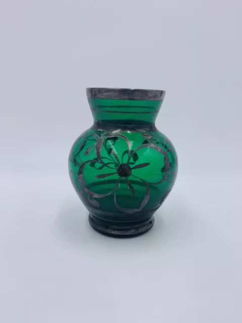 Lovely Emerald Green Small Vase w Silver Overlay Italy Florence Vtg 3.5”