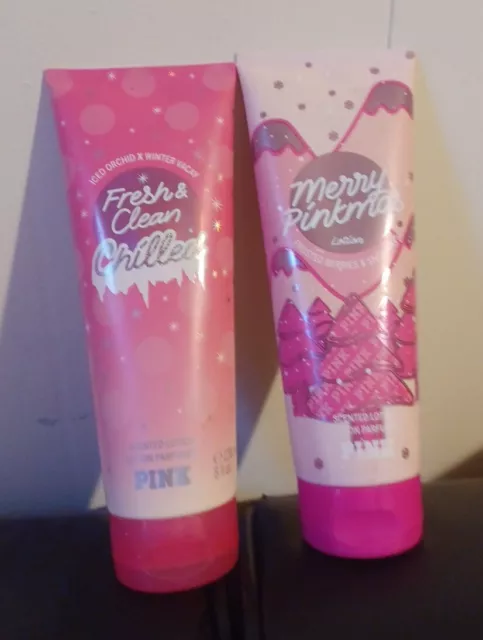 2 Victoria's Secret Pink Fresh & Clean Chilled + Merry Pinkmas Body Lotion 8 Oz