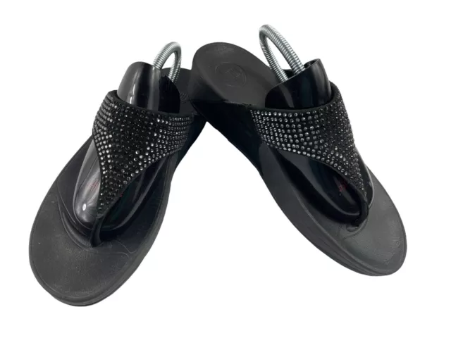 FitFlop Flare Women Shoe Black 9M Pebble Suede Rhinestone Platform Thong Sandals