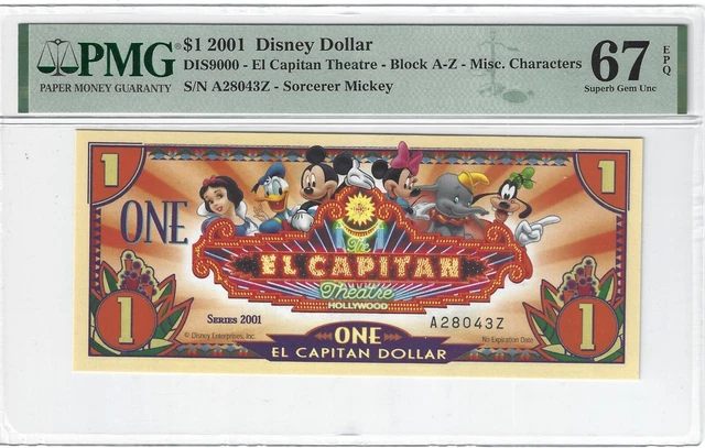 2001 $1 Disney Dollar DIS9000 BLK A-Z El Capitan PMG 67EPQ SUPERB GEM