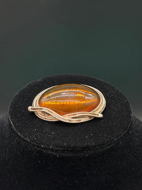 Broche Ancienne En Argent Avec Cabochon Ambre Baltique - Bijou Vintage Poinçon