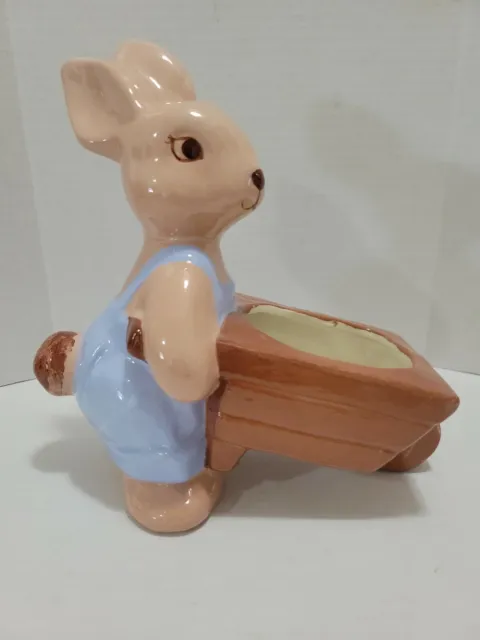 Handmade Art Pottery Bunny Rabbit with Wheelbarrow Planter 8.5" Tall
