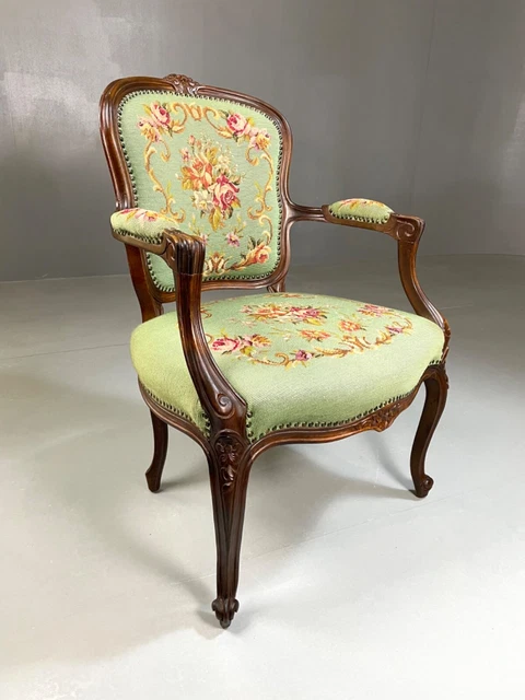 EB4611 Louis XV Style Carved Oak & Floral Needlepoint chair, French Antique VCAR