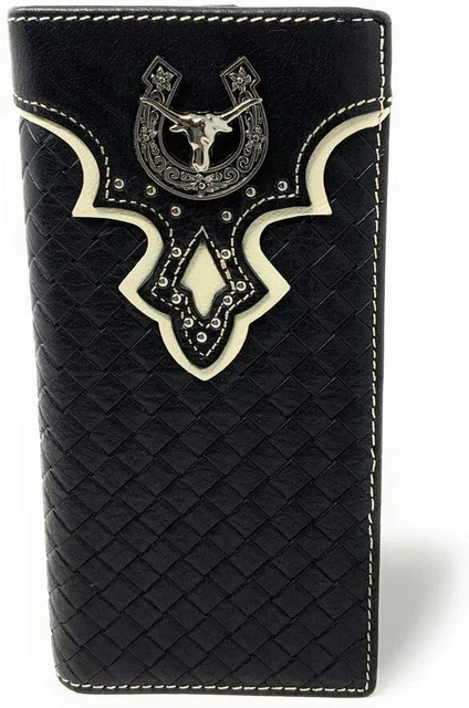 Western Genuine Leather Basketweave Longhorn Metal Concho Mens Long Bifold Walle
