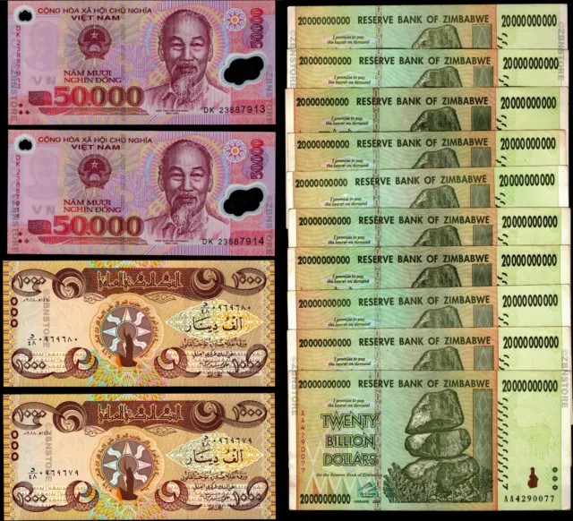 2 x 50000 Dong Vietnam + 2 x 1000 Dinars Iraq + 10 x 20 Billion Dollars Zimbabwe