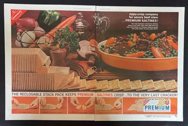 1962 Nabisco Premium Crackers Beef Stew Double Page Vintage Print Ad-CRC2