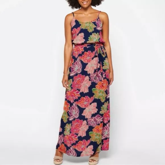 Michael Stars Athena Floral Tie Waist Modern Rayon Maxi Dress in Nocturnal S EUC