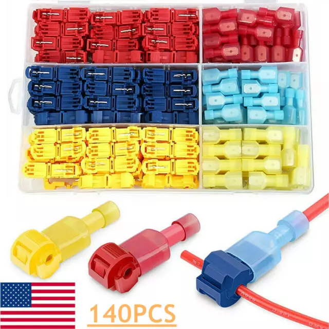 140Pcs 22-10 AWG Insulated T-Tap Quick Splice Combo Wire Terminal Connectors Kit