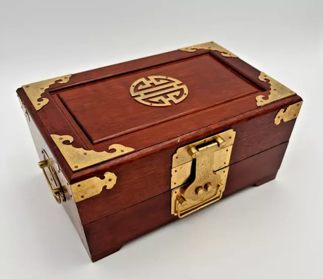 Chinese Rosewood Asian Jewelry Box Vintage Wood and Brass