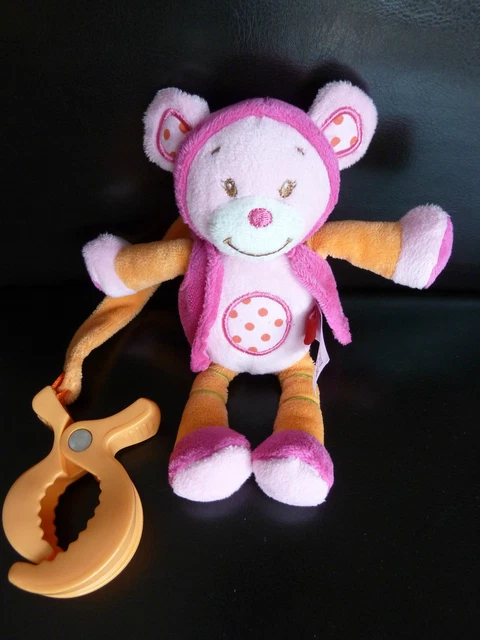 T12- Doudou Peluche Tex Souris Ours Rose Orange Hochet Pince 17 Cm Ttbe