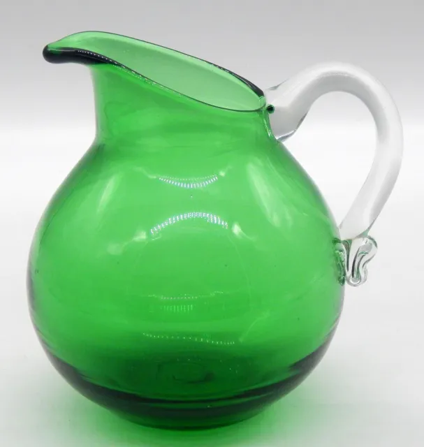 Vintage Hand Blown Green Art Glass 7" Small Pitcher With Clear Handle