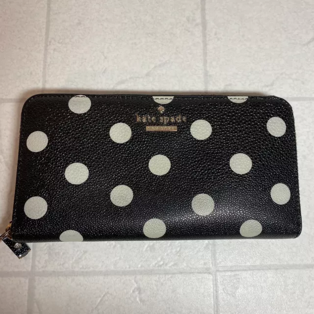 Kate Spade Black & Off-White Polka Dot Wallet With Credit Card Pockets & Zipper