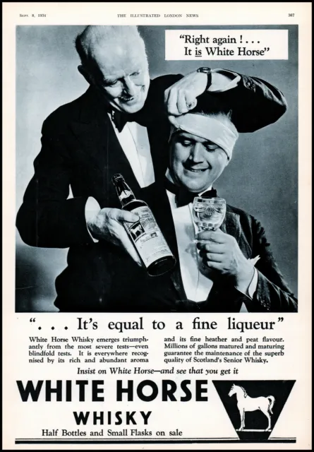 1934 White Horse Whisky Scotland blind taste test vintage photo print ad XL9