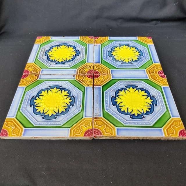 1940s Vintage Majolica Decorative Nouveau Architecture Furniture Tile 4Pcs Japan 2