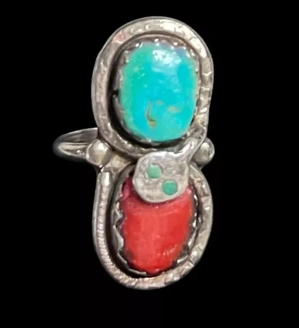 Vtg Zuni Effie C Sterling Silver Turquoise & Red Coral Snake Ring Sz 7 1/4