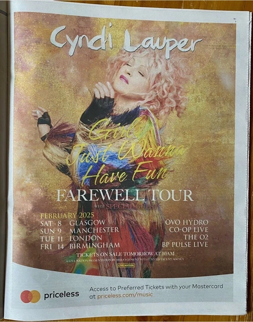 CYNDI LAUPER FAREWELL Tour Dates Ad 2025 Girls Fun.. Newspap Advert