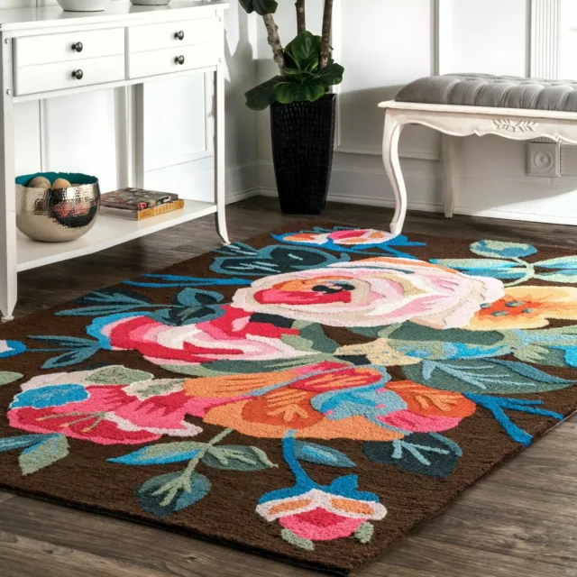 nuLOOM Hand Made Country Floral Area Rug in Brown, Pink, Blue, Green