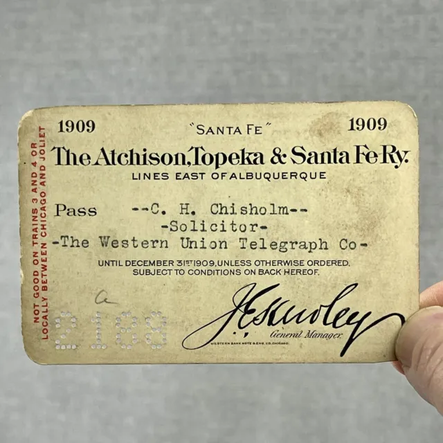 Atchison Topeka & Santa Fe Railway Pass 1909 Western Union Telegraph