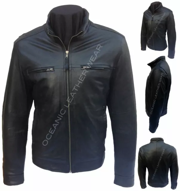 Mens Black Soft Retro Urban Biker Style Zipped Casual Bomber Real Leather Jacket