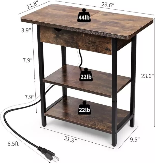 Open Box End Table with Charging Station, Flip Top Side Table with USB