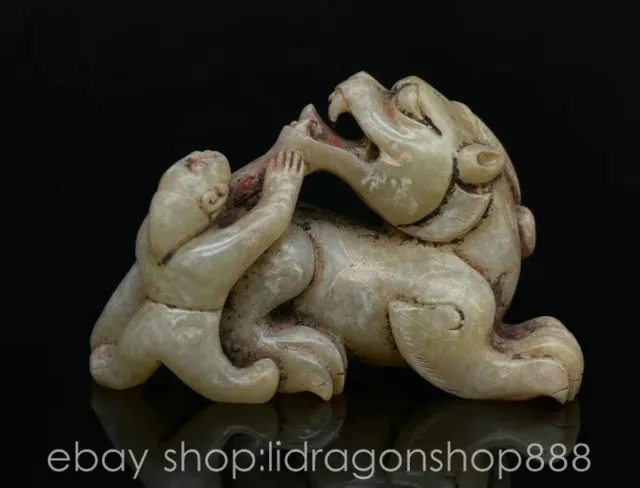 3.4" Chinese Natural Hetian Nephrite Jade Carving Auspicious Beast People Statue