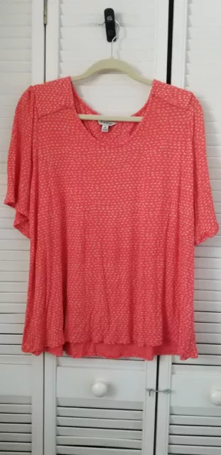 Lucky Brand 2X Blouse Orange Khaki Dots Scoop Neck S/S Flutter Stretch Plus Size