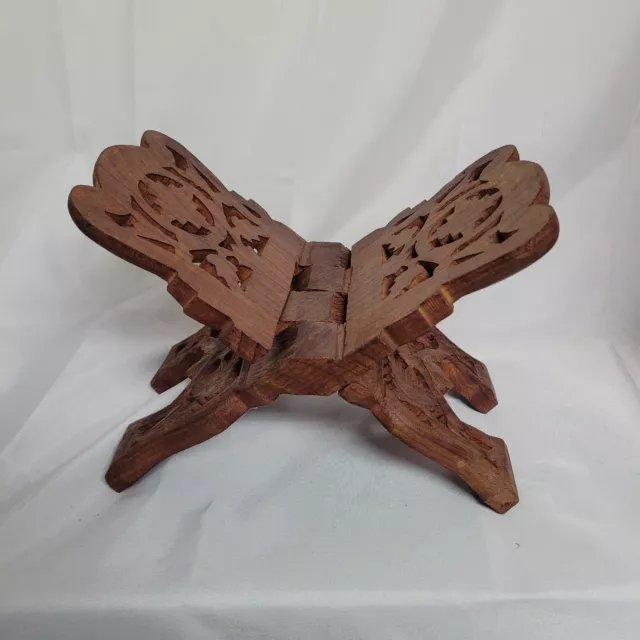 Vintage Hand Carved Wood Folding Cookbook Holder Bible Book Display Stand