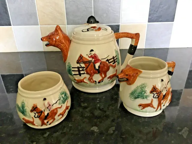 Vintage Portland Pottery PPC Teapot Milk Jug Sugar Bowl Set Fox Hunt Hunting