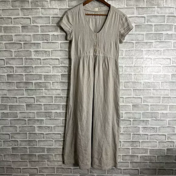 Poetry Beige Oatmeal Linen Peasant Scoop Neck Cottage Core Lagenlook Dress Sz 6