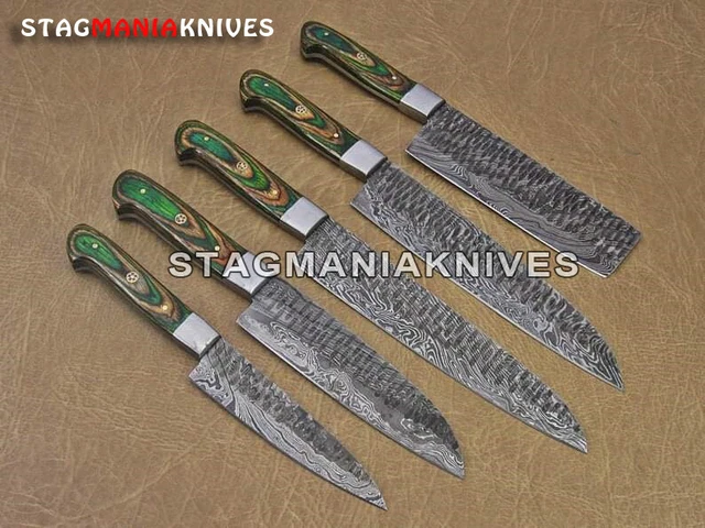 Hand Made Damascus Steel Chef Set 5-Pcs With Leather Roll Kit Kitchen Set