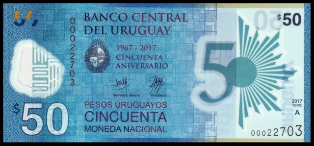 URUGUAY 50 Pesos P 100 2017 UNC Polymer Commemorative Bank Note