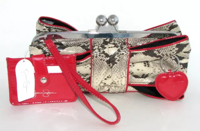 New-Jessica Simpson 3-D Bow Red+Python Leatherette Clutch Wristlet Bag+Key Fob