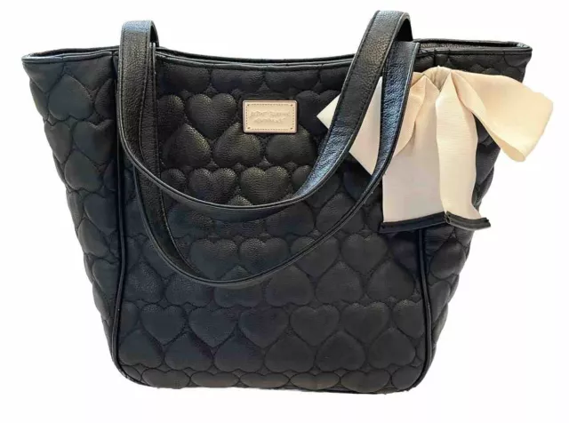 Betsey Johnson Black Heart Quilted Tote Bag Purse Cream Bow