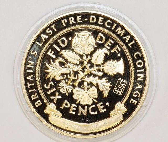2021 Gibraltar Proof Gold-plated, Crown. Last Pre-decimal coinage, Sixpence