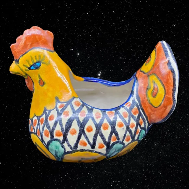 Mexican Folk Art Pottery Talavera Chicken Hen Planter Vase Signed 5.5”T 6.5”W