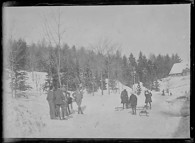 Antique Black & White Negative Photo Glass Plate 4x6cm Mountain Snow Sled