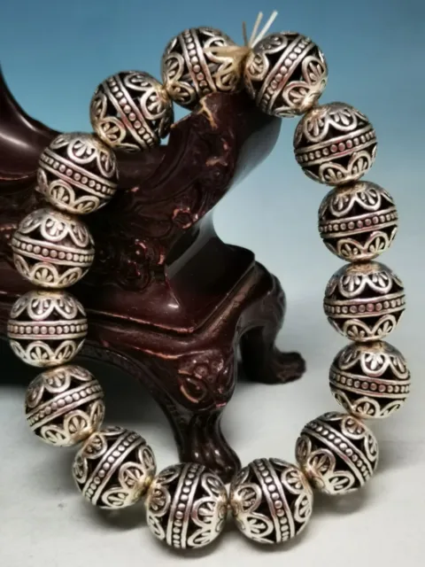 .Tibetan Miao Silver *flower* Hollowing Round Auspicious Beads Bracelet Y77