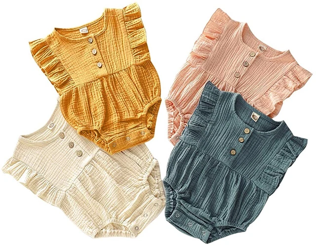 Newborn Baby Girl Jumpsuit Cotton Linen Solid Romper, Ruffle Blue, Size 0.0 f3UF