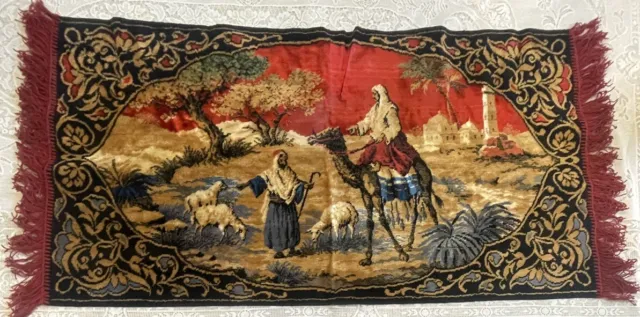 Vintage Tapestry Middle Eastern Camel Shepherd Sheep Desert Scene 40”x20” Fringe