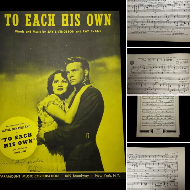 TO EACH HIS OWN Sheet Music 1946 OLIVIA DeHAVILLAND Paramount LIVINGSTON & EVANS