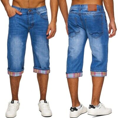 Uomo jeans di estate denim bermuda lunghi Lavato pantaloni slim fit 3/4 Blu Nuov