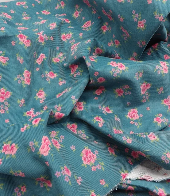 Vintage Teal Blue Background Pink Purple Floral Flowers Corduroy Fabric 3 Yds+
