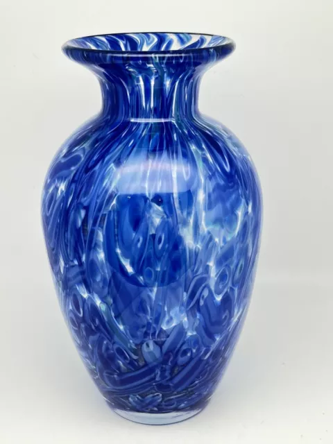 Hand Blown Art Glass Vase Cobalt Blue/Light Blue Polished Bottom Heavy 9.75”H