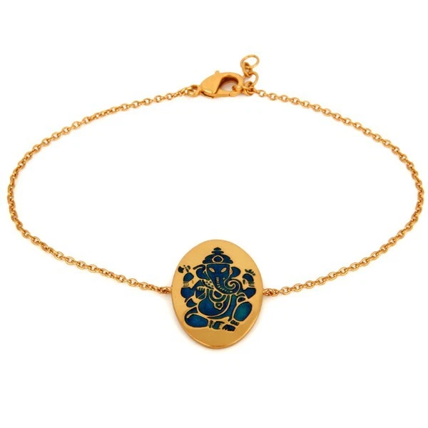 Handmade Yellow Gold Plated Enamel Lord Ganesha Charm Bracelet For Brothers Gift
