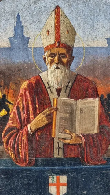 Sant'Ambrogio. Vecchio dipinto olio su tavoletta  cm 27,7 x 18,2 , siglato