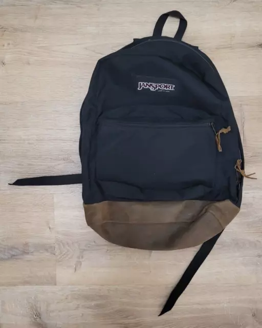 VINTAGE Made In The USA Black Canvas Jansport Leather Bottom Backpack